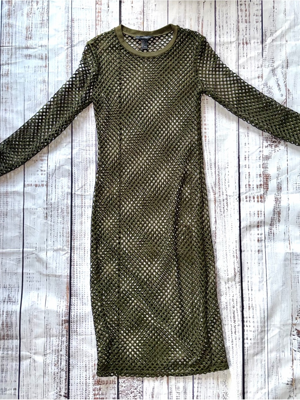 Forever 21 Olive Green Long Sleeve Mesh Midi Dress